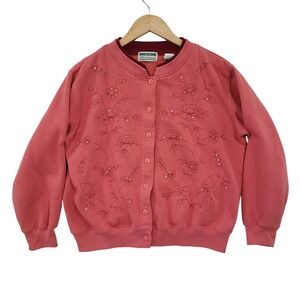 Vintage 90s Petite Shenanigans Embroidered Floral Sweatshirt Cardigan Size M